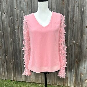 She + Sky Pink Blouse with Butterfly Accents EUC